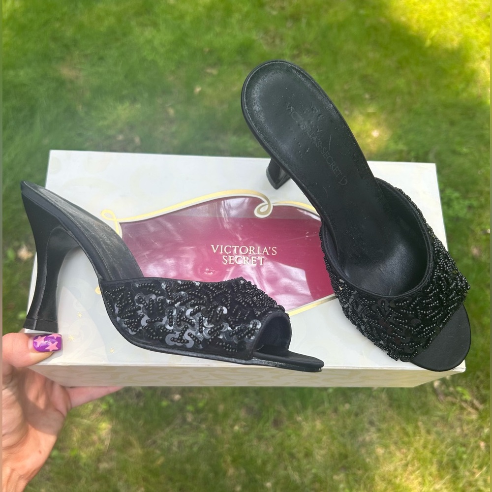 Vintage Victoria Secret Sequin & Bead Satin Black Slip On Kitten Slipper Heels